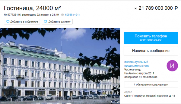 Один квадратный метр в отеле обойдется покупателю в 1 миллион рублей. Фото: скриншот Авито