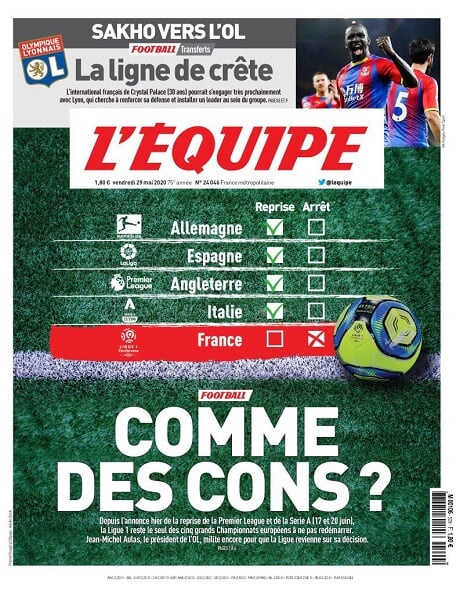 L’Equipe раскритиковала решение досрочно завершить чемпионат Франции по футболу1