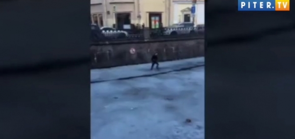 Видео: на канале Грибоедова неизвестный решил пробежаться по льду 0