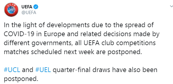 УЕФА приостановил Лигу Чемпионов и Лигу Европы из-за коронавируса0