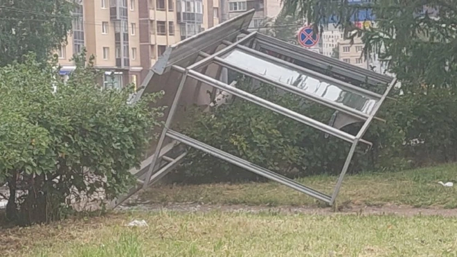 Из-за штормового ветра на женщину упал остановочный павильон на проспекте Большевиков
