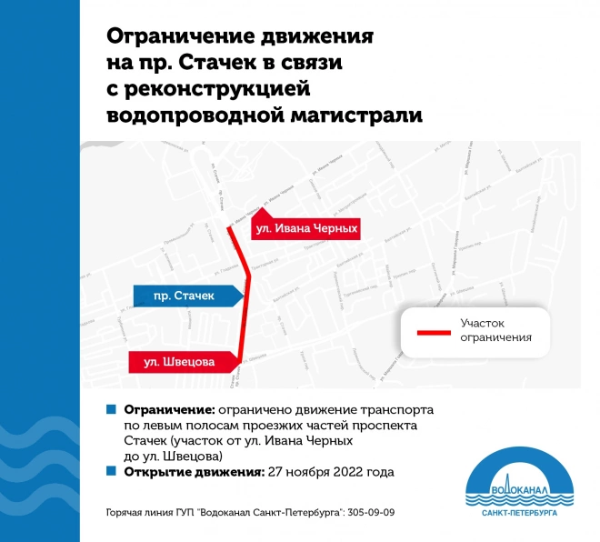Реконструкция водопроводной сети на проспекте Стачек выполнена более чем на 60%