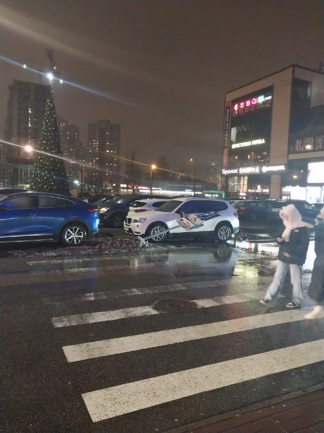 Дорожный знак упал на автомобиль на проспекте Просвещения1